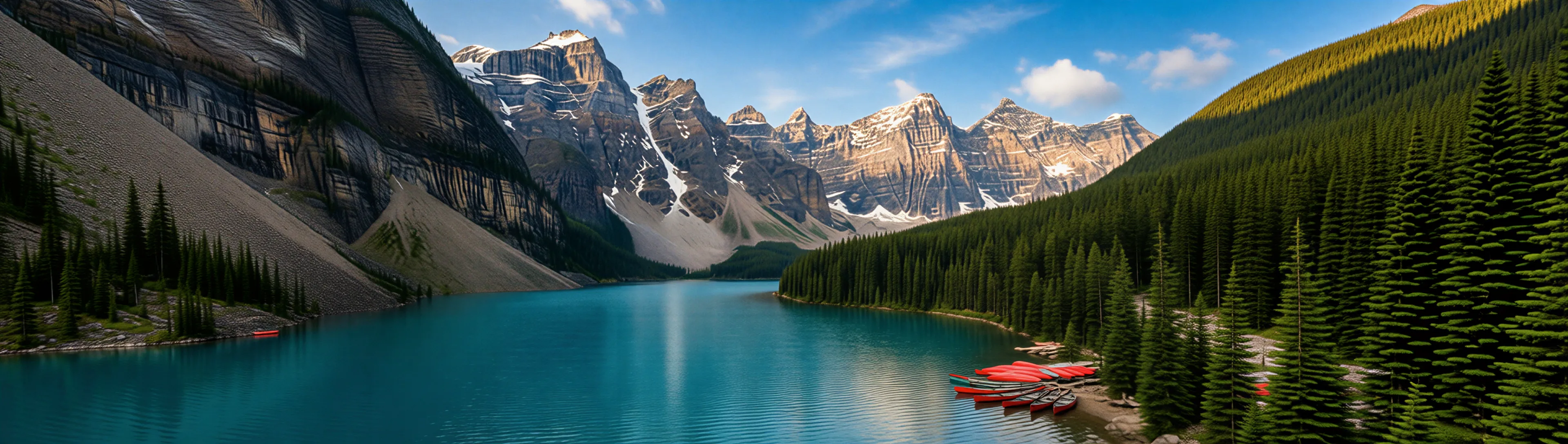Moraine Lake's turquoise water below a row of snowy peaks, pine forest and red canoes at the shore